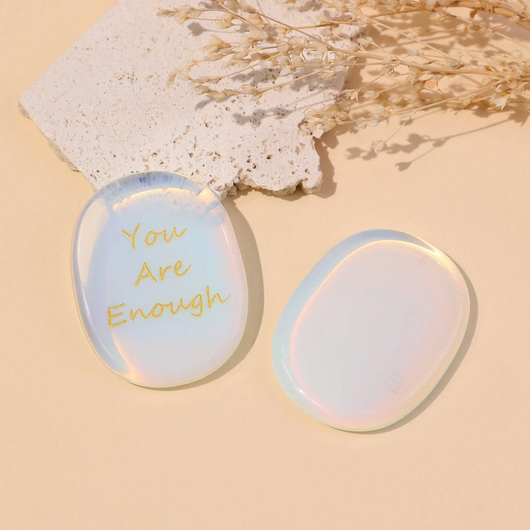 Iridescent blue oval pocket crystal stones engraved "You Are Enough" (pair)