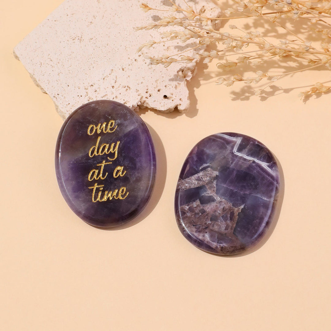 Pocket crystal stone pair in deep purple with gold "one day at a time" text