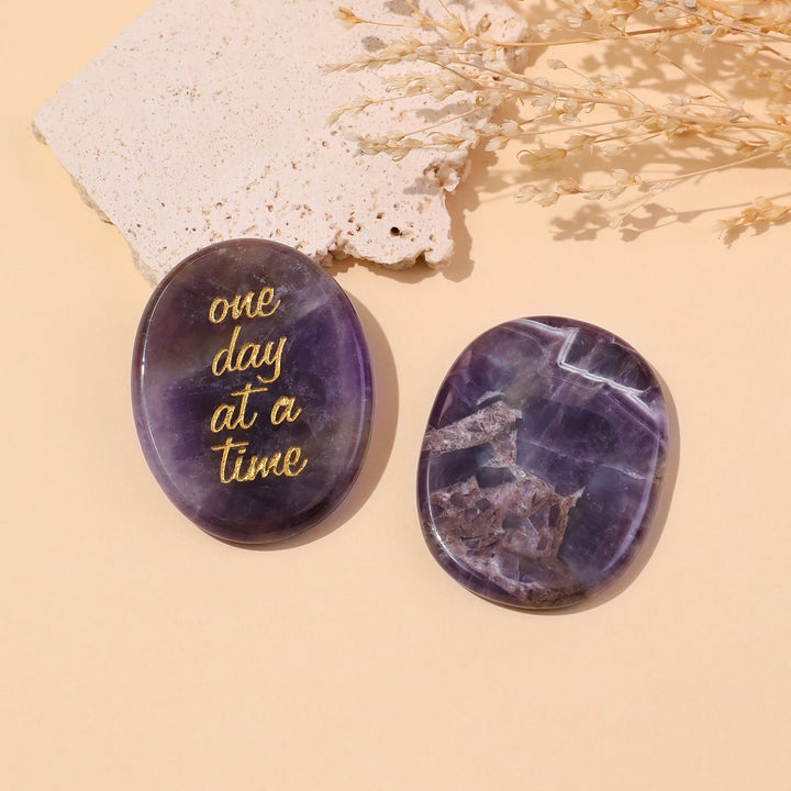 Pocket crystal stone pair in deep purple with gold "one day at a time" text