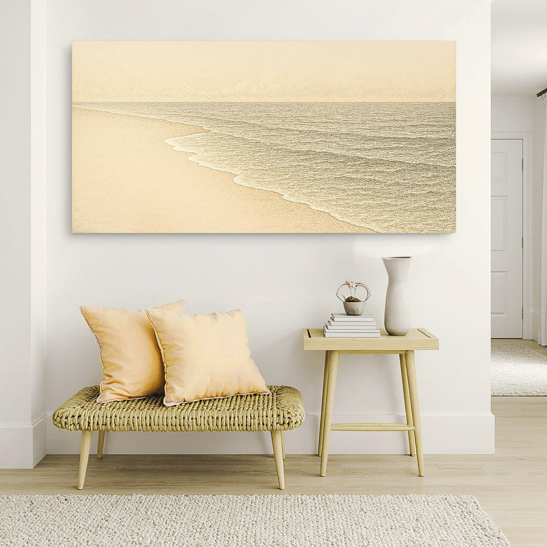 Framed beach shoreline canvas wall art featuring pale sand and gentle ocean waves.