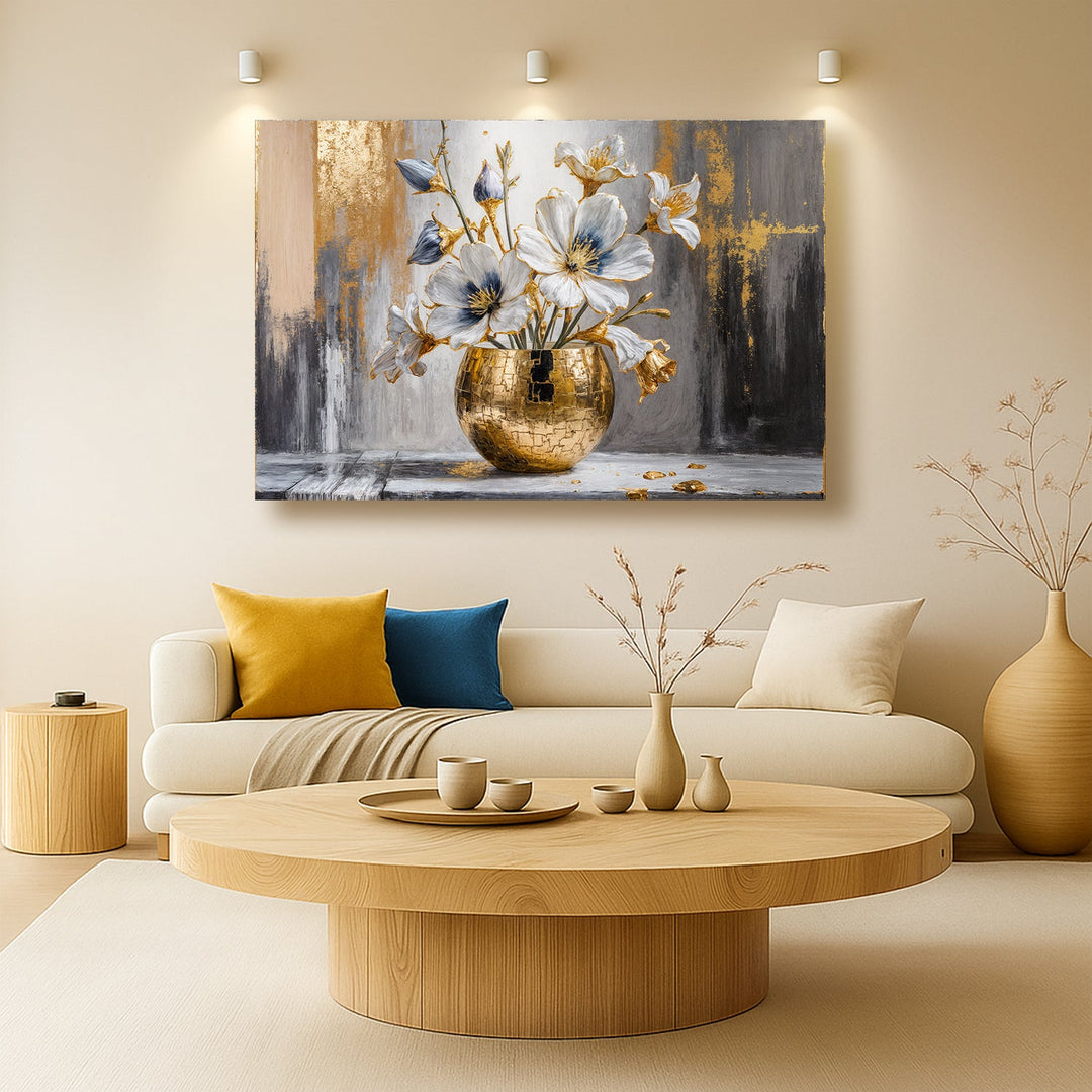 Blue and gold abstract magnolia floral canvas with a gold vase centerpiece