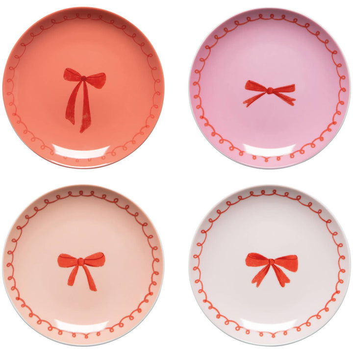 Appetizer plate set of 4 with red bows and scalloped red border on white
