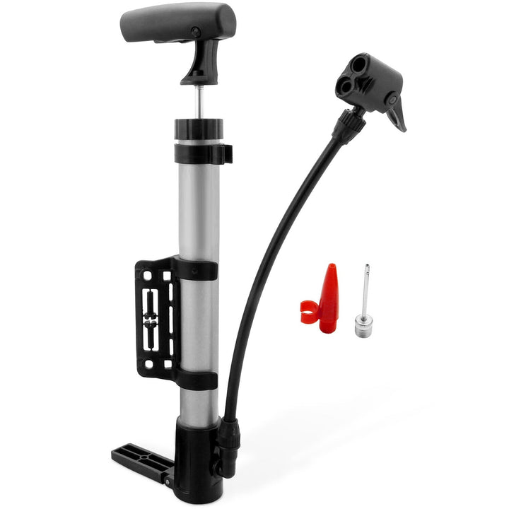 Portable mini bike tire inflator pump with mounting bracket and valve nozzles