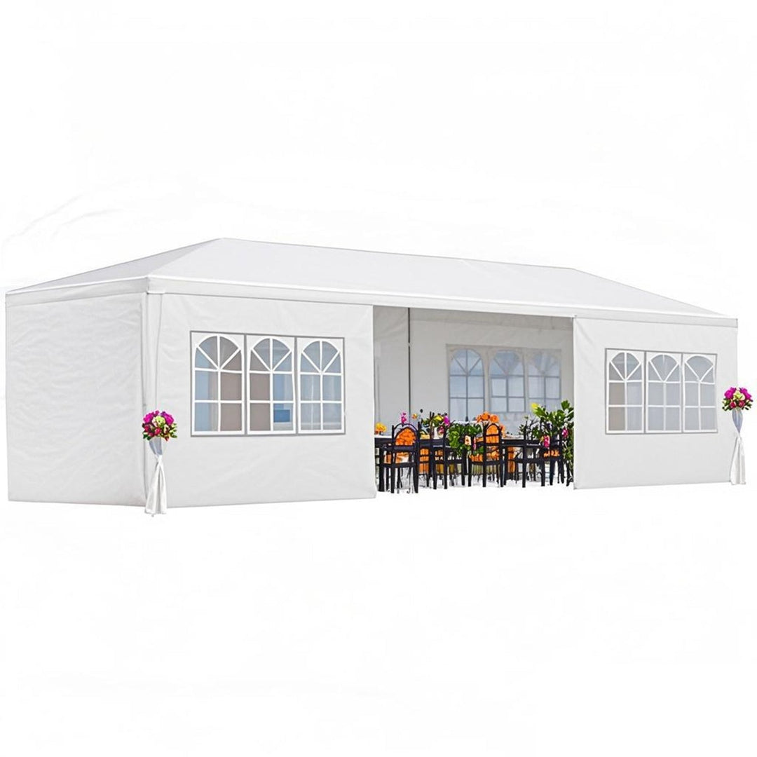 White outdoor canopy tent with removable sidewalls and windowed panels