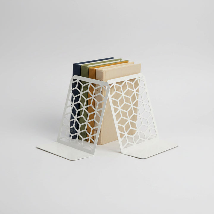 White geometric cube metal bookends with engraved cube pattern, wide flat base