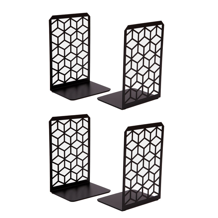 Black geometric cube metal bookends with white pattern, wide flat base, 2-pack