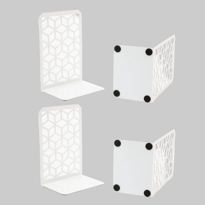 White geometric cube metal bookends with black corner tabs and etched cube pattern