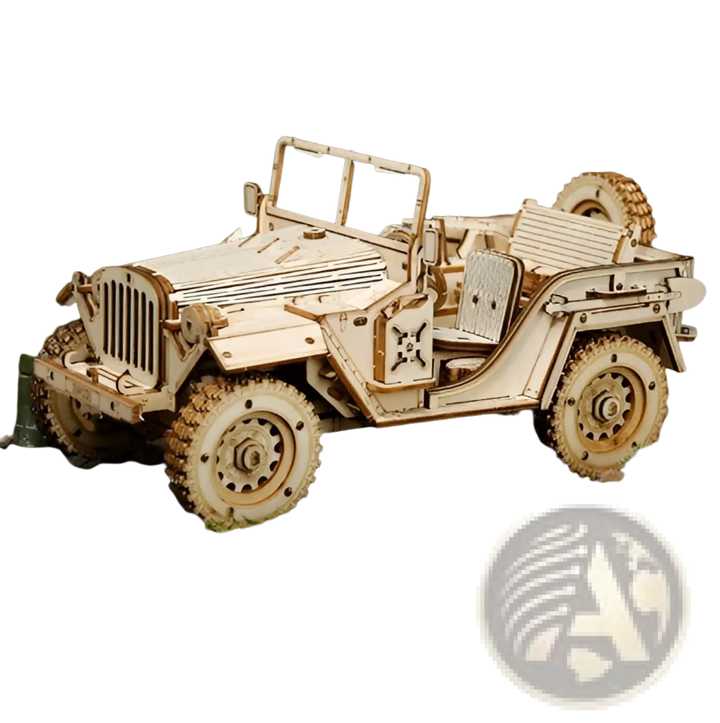 Wooden 3D mechanical model car with open cabin, front grille, and large wheels