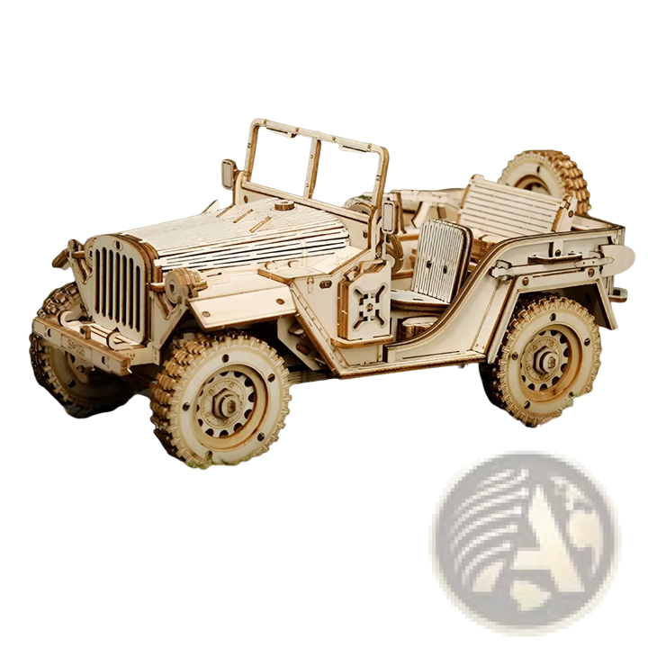 Wooden 3D mechanical model car with side details, open grille, and chunky tires