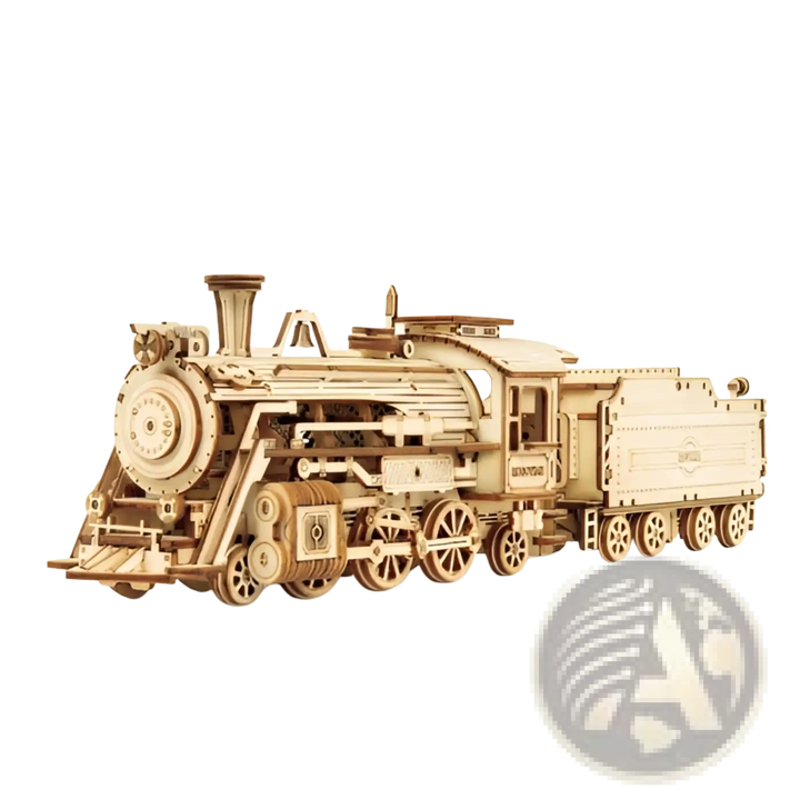 Wooden 3D mechanical model steam train locomotive with spoked wheels and smokestack