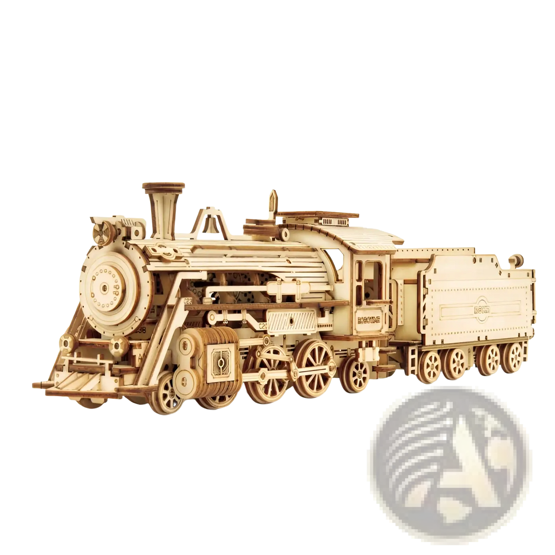 Wooden mechanical steam train model kit, angled side view with wheel details