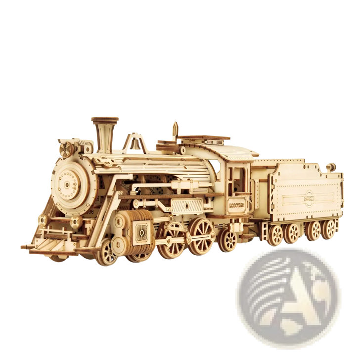 Wooden mechanical steam train model kit, angled side view with wheel details