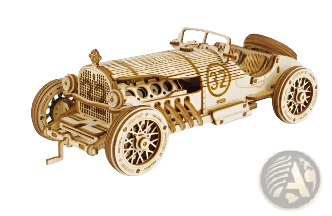 Wooden 3D mechanical model race car with exposed grille, round wheels, and roll frame