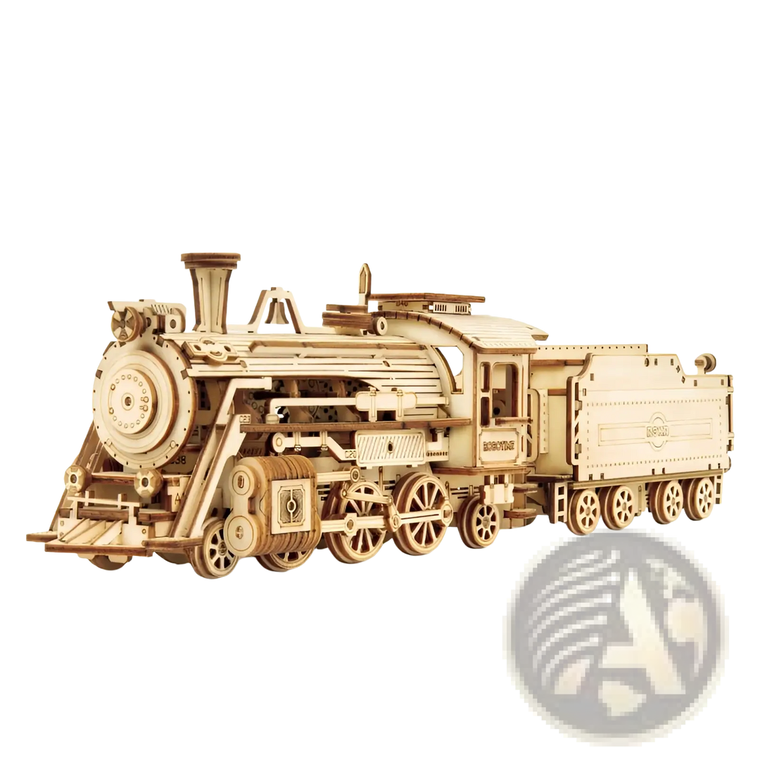 Wooden mechanical steam train model kit, side view with engine and wheels