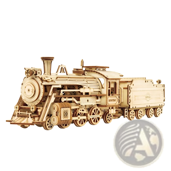 Wooden mechanical steam train model kit, side view with engine and wheels