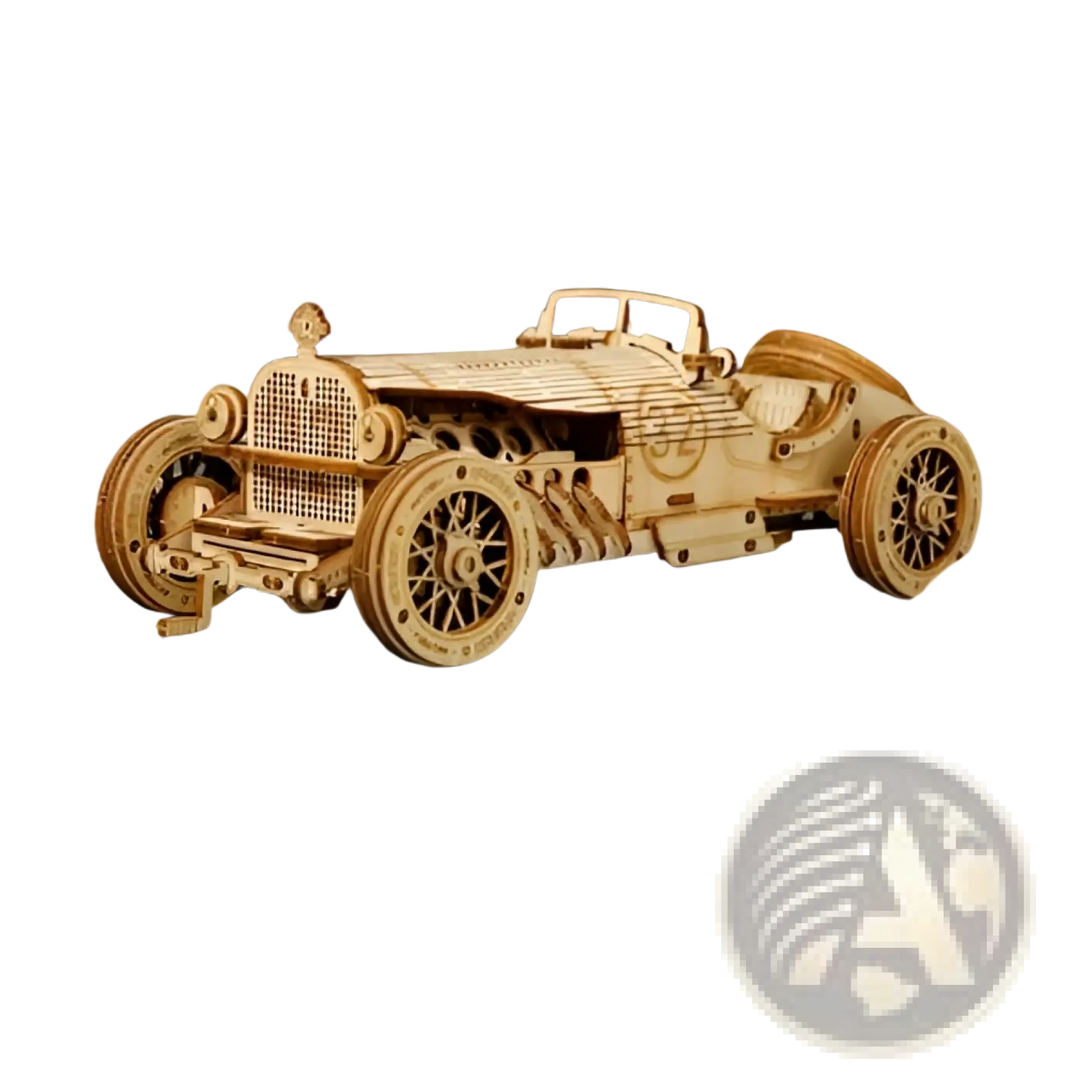 Wooden 3D mechanical model race car with front net grille, spoked wheels, and hood panels
