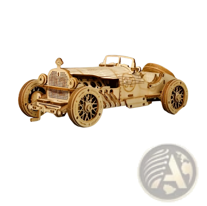 Wooden 3D mechanical model race car with front net grille, spoked wheels, and hood panels