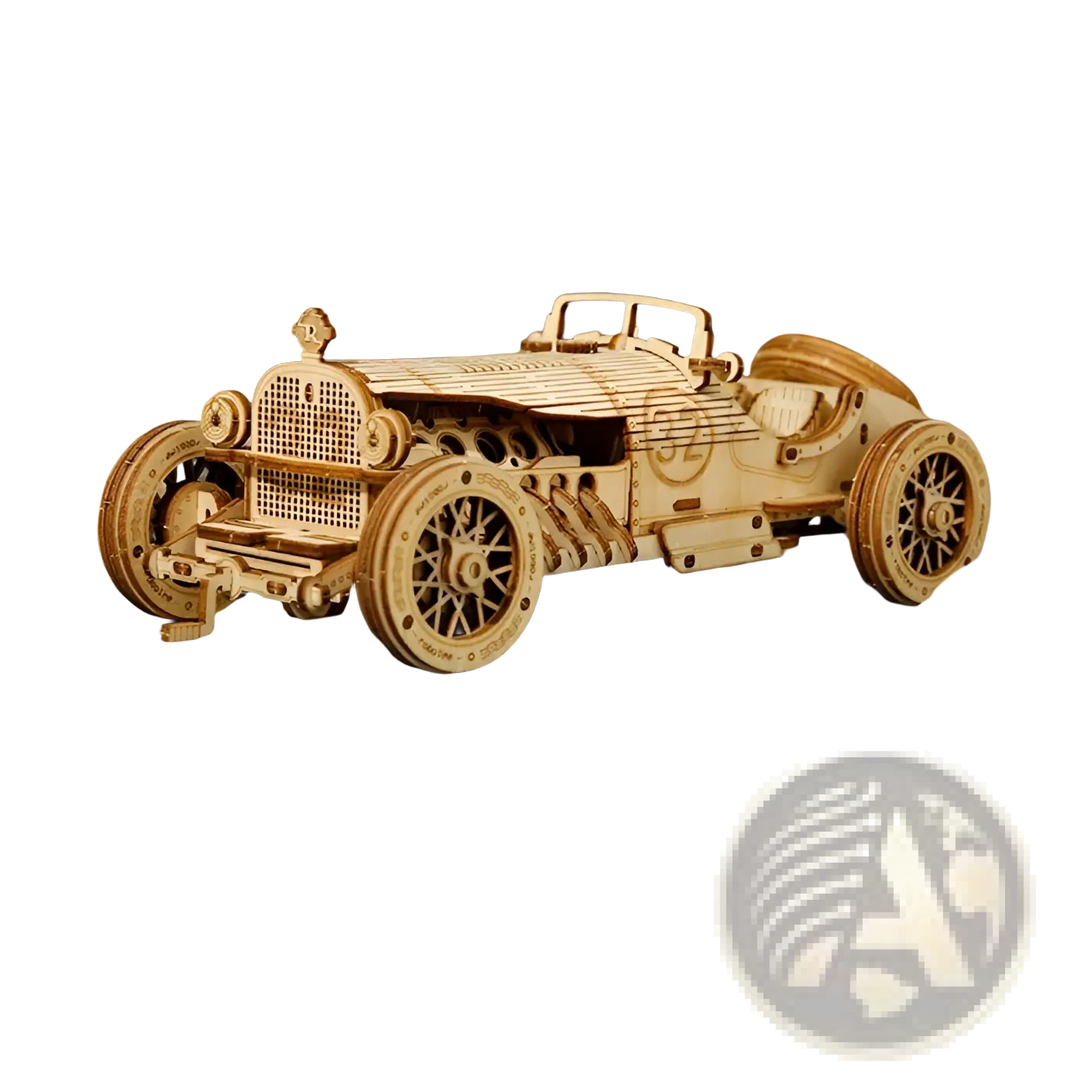 Wooden 3D mechanical model race car, side view with spoked wheels and grille details