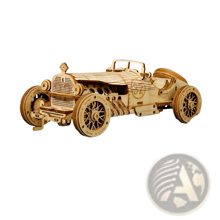 Wooden 3D mechanical model race car, side view with spoked wheels and grille details