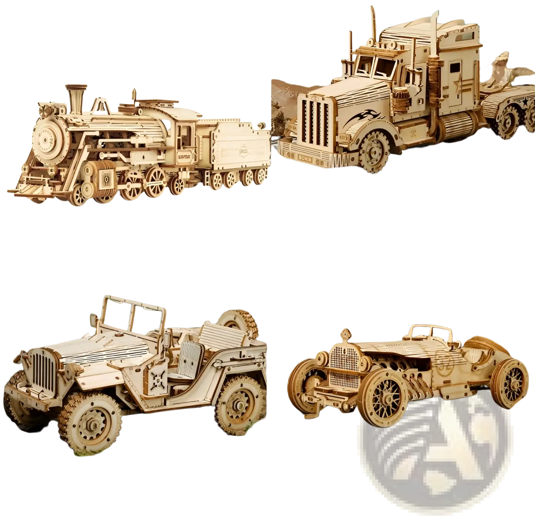 Wooden 3D mechanical model vehicles set with train and truck-style cars