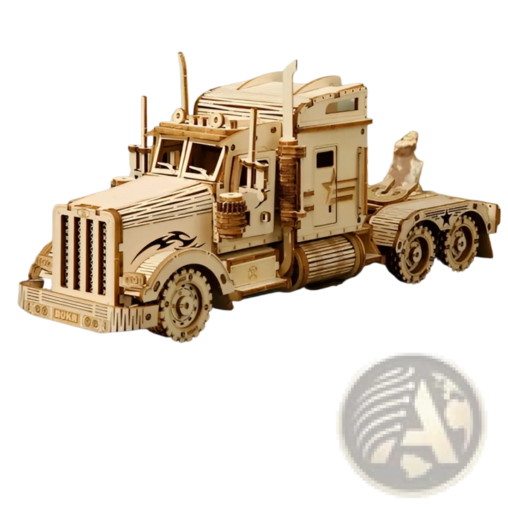 Wooden 3D mechanical model truck with cab, ladder steps, and multi-axle wheels