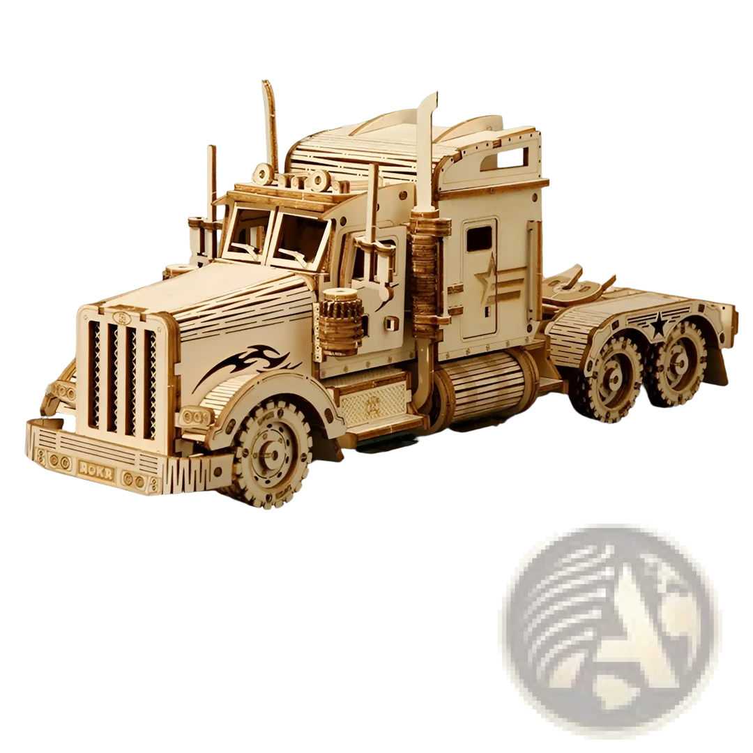 Wooden 3D mechanical model truck with front grille, cab panel, and side ladder details