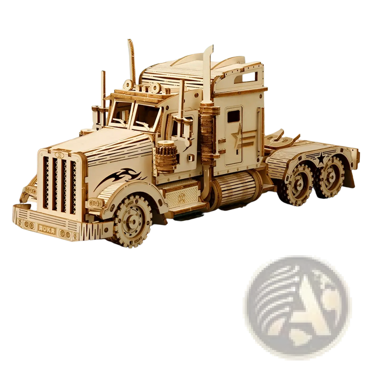 Wooden 3D mechanical model truck with front grille, cab panel, and side ladder details