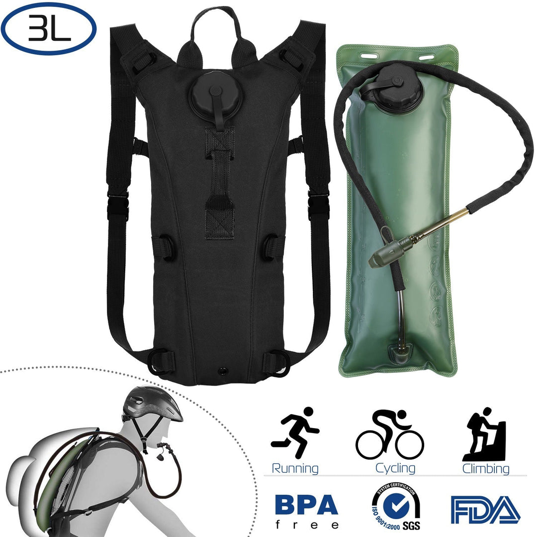 Black hydration backpack with side-adjust straps and attached water bladder pouch