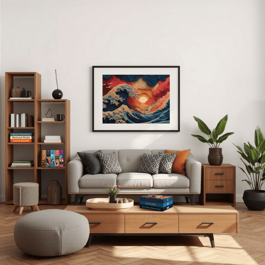 Framed jigsaw puzzle artwork with ocean waves and sunset colors on display