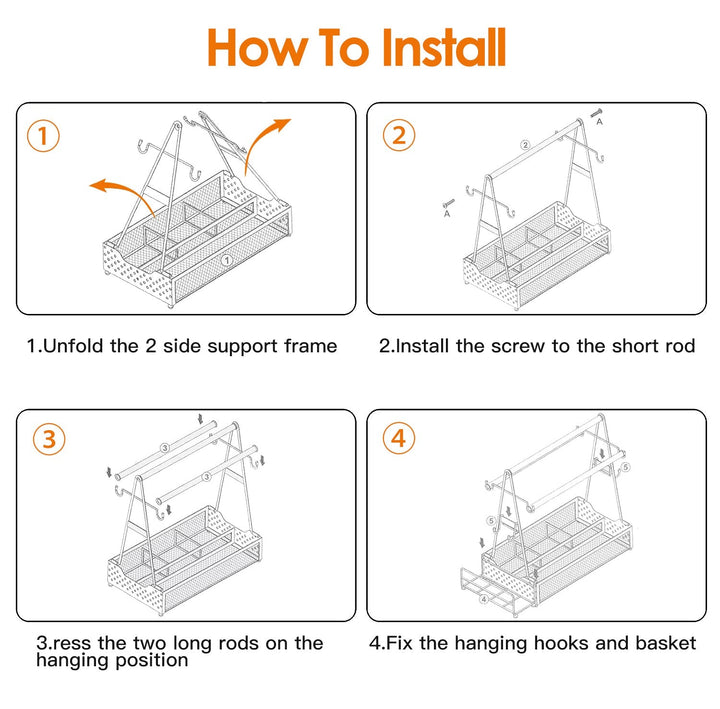 Metal grill caddy setup guide showing rods, basket attachment, and hanging hooks