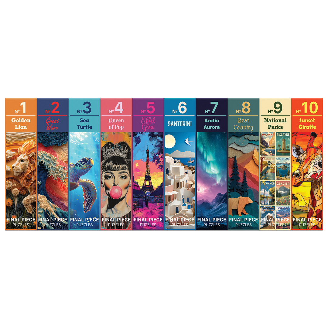 Set of numbered jigsaw puzzle boxes from 1 to 10 arranged in a row
