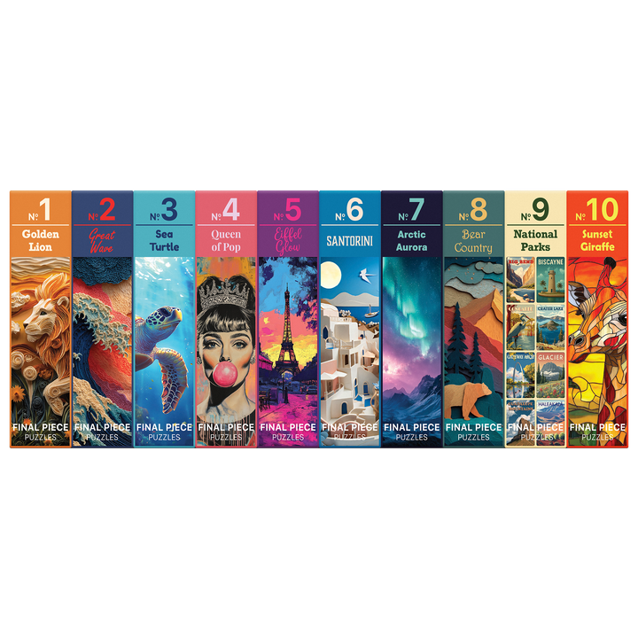 Set of numbered jigsaw puzzle boxes from 1 to 10 arranged in a row