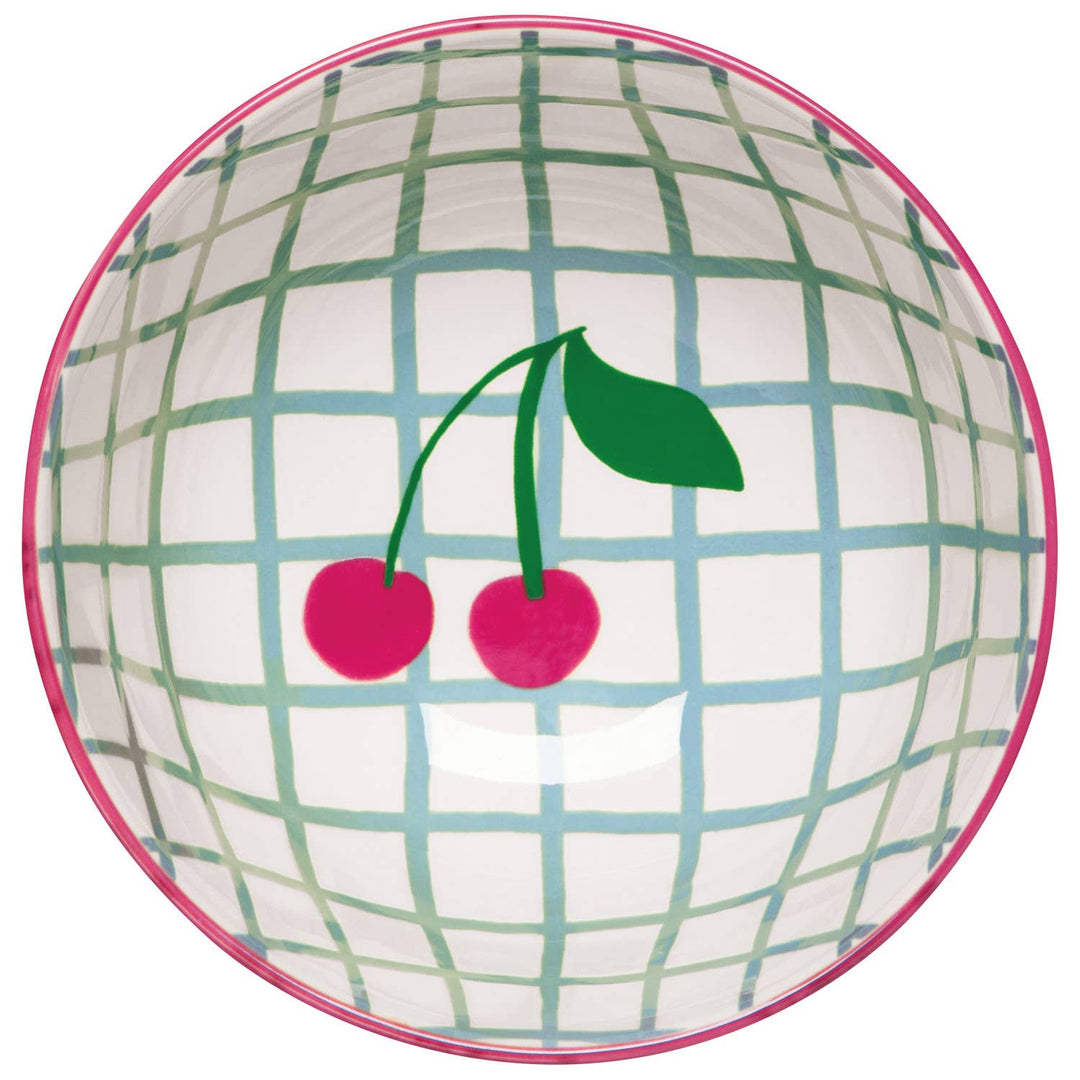 Green plaid cherry bowl with red cherries and green leaf motif on rim
