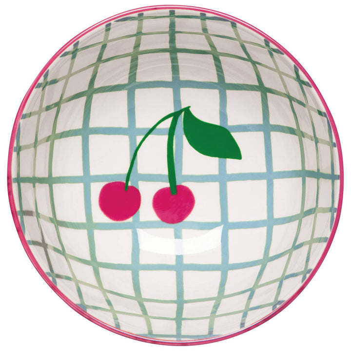 Green plaid cherry bowl with red cherries and green leaf motif on rim