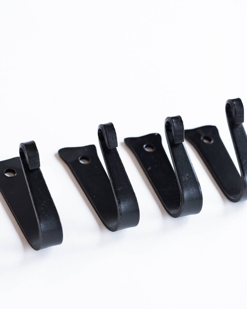 Black iron coat hooks set of four, curved ends with mounting holes