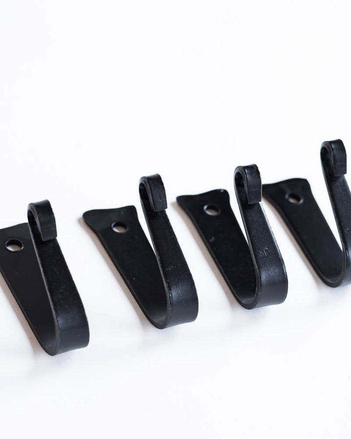 Black iron coat hooks set of four, curved ends with mounting holes