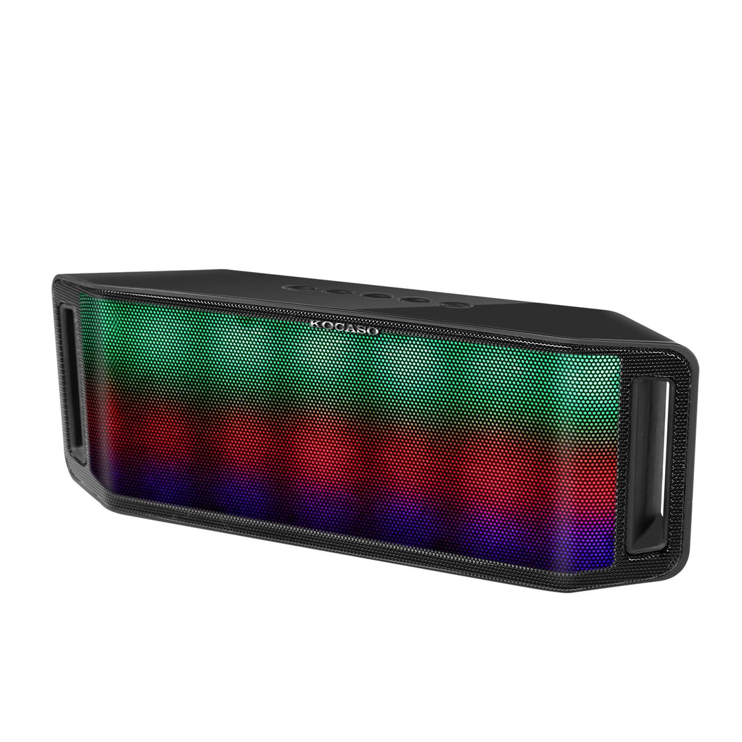 Wireless Bluetooth speaker with black body and multicolor LED light panel on front