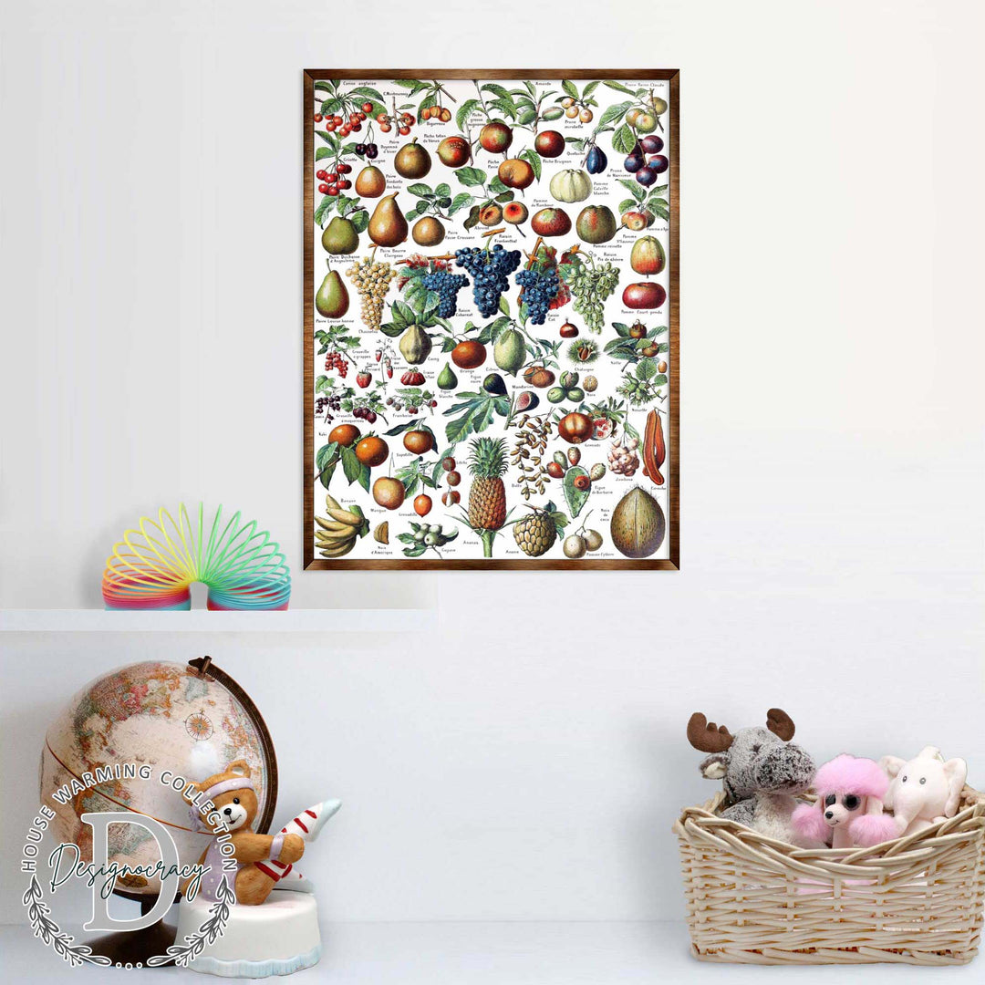 Wood-framed fruit educational poster with colorful fruit and foliage illustrations, wall-mounted