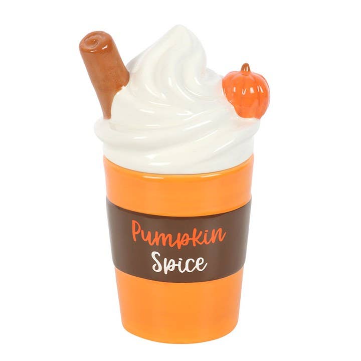 Ceramic lidded wax warmer shaped like a coffee cup, Pumpkin Spice label, orange lid