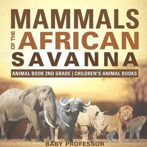 African savanna animal book cover featuring elephants, buffalo, and a lion.
