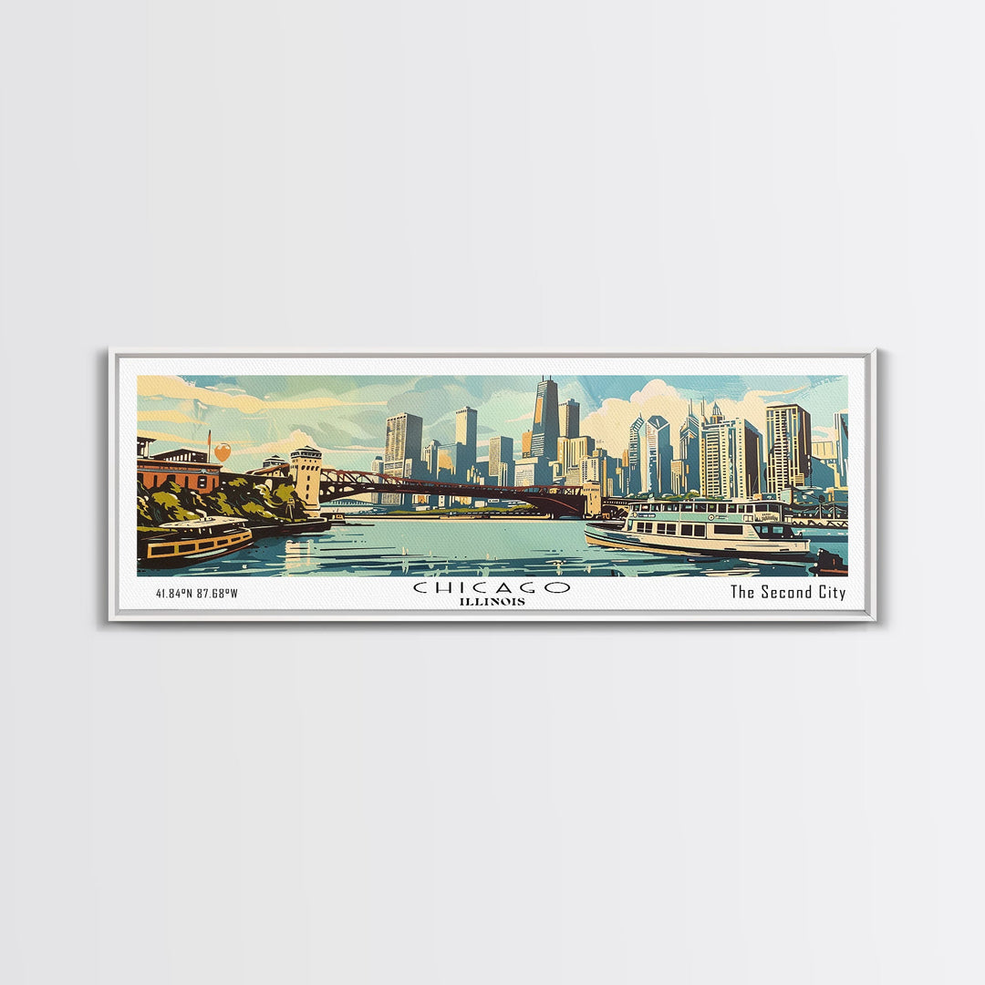 Chicago Illinois Panoramic Painting, Mid Century Modern Framed Canvas Print, Retro Pop Art Travel Poster, Wall Decor, Gift Idea, Home Decor