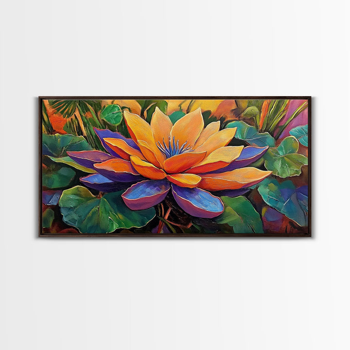 Lotus Bloom, Garden, Art, Framed Canvas Print, Vibrant lotus flower artwork, zen boho decor, meditation room or bathroom wall art