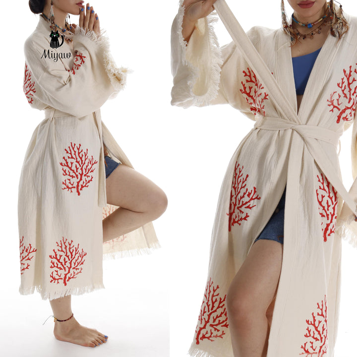 Beige kimono cover-up with red coral embroidery, open front tie waist and tassel fringe