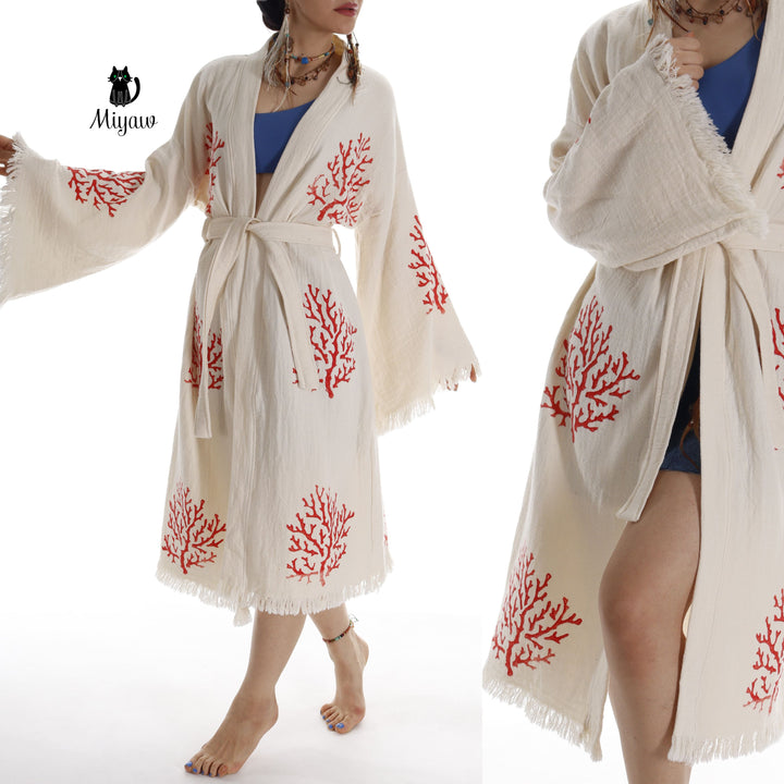 Beige cotton kimono robe with red coral tree embroidery, tie waist and fringed hem