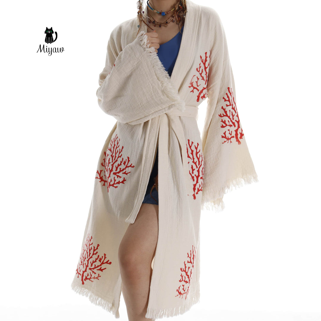 Beige cotton beach kimono with red coral tree embroidery, tied waist and fringed hem