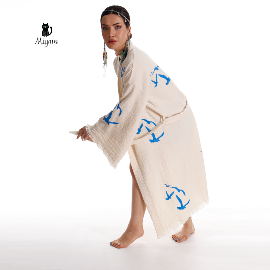Beige seagull-print kimono robe with wrap tie waist, short fringe hem, loose kimono sleeves