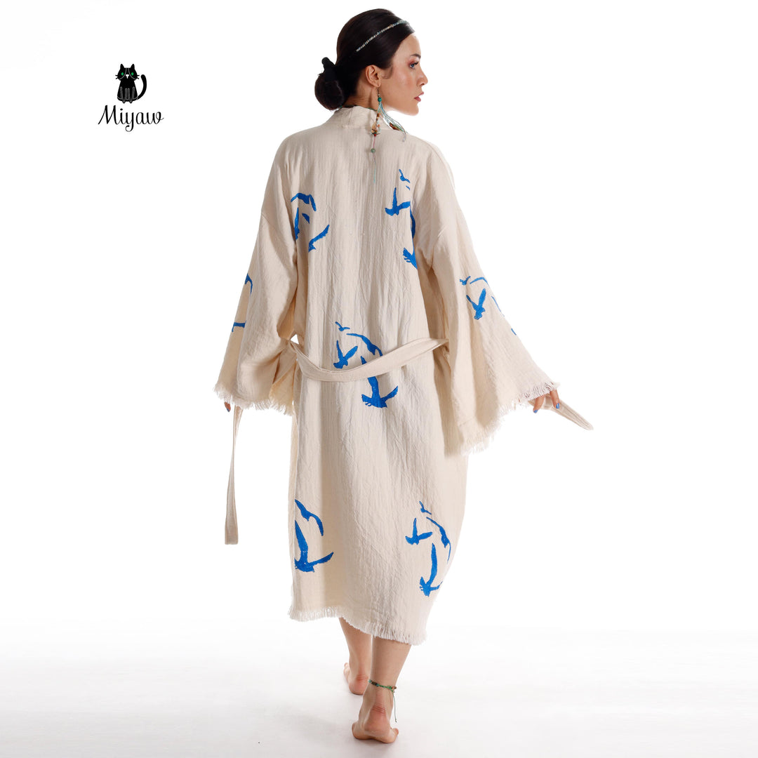 Beige seagull-print kimono robe with blue birds, open back, tied waist belt, fringe sleeves