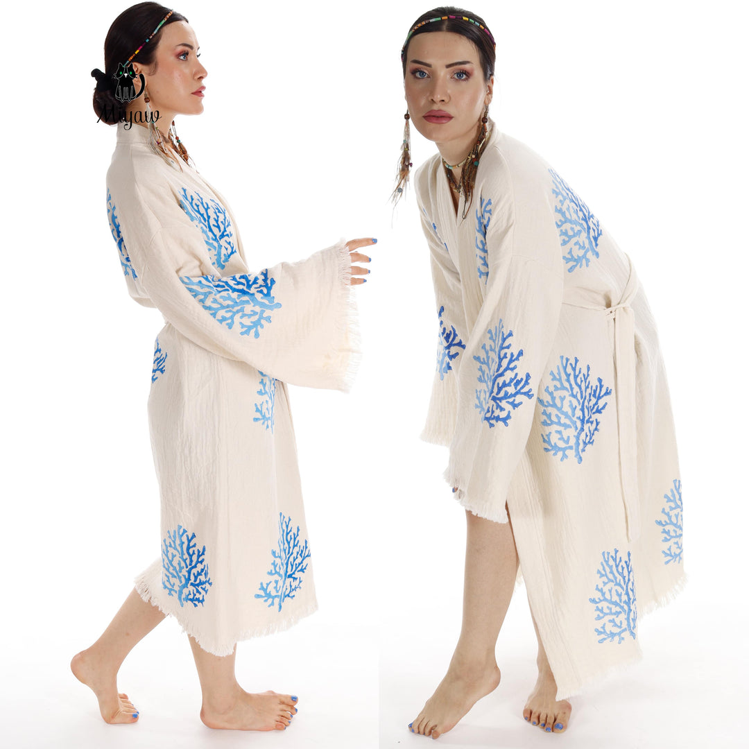 Beige organic cotton kimono with blue coral embroidery, open front sleeves and fringe trim