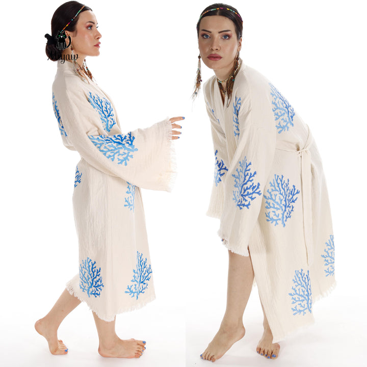 Beige organic cotton kimono with blue coral embroidery, open front sleeves and fringe trim