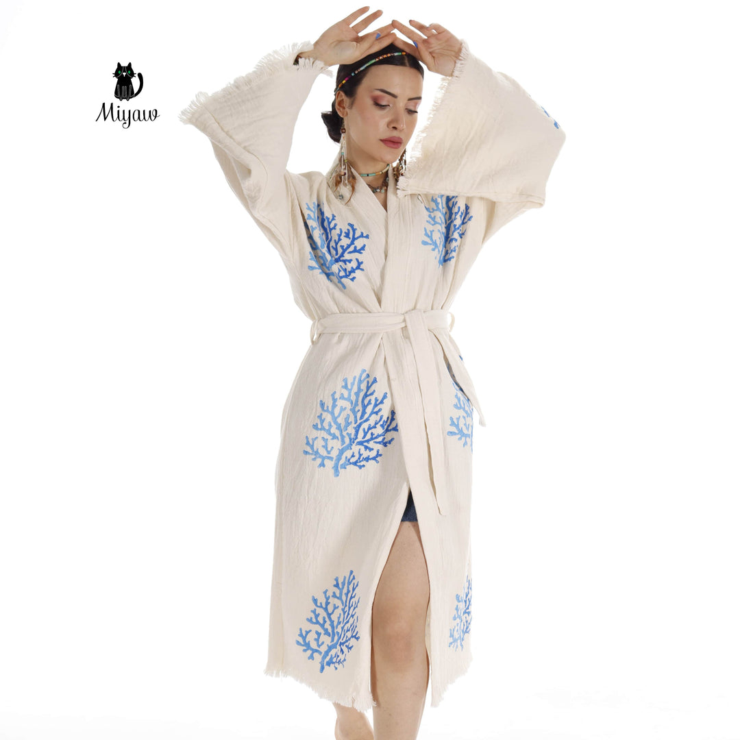 Beige organic cotton kimono with blue coral embroidery and waist tie, front slit detail